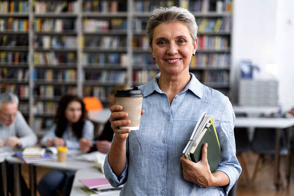 Una mujer mayor sostiene un café y unos apuntes en una biblioteca